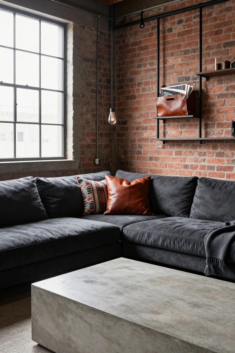 Industrial living room corner with charcoal gray L-shaped sofa holding a multicolored patterned pillow and orange leather pillow, concrete coffee table in front, exposed brick wall, metal shelves with leather file box, and pendant light.