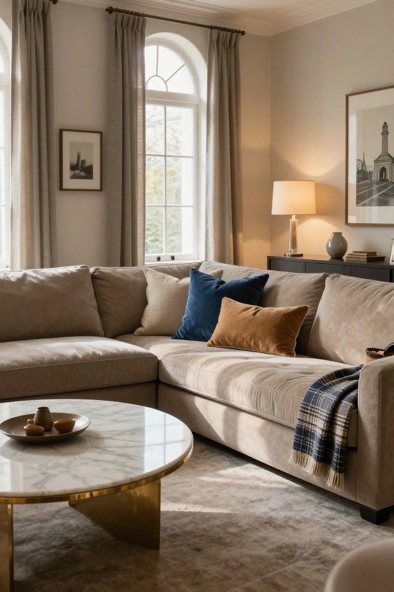 Beige L-shaped fabric sofa with stacked pillows in cream, navy blue, and rust orange in a light neutral living room with arched windows, marble coffee table on brass base, and credenza.