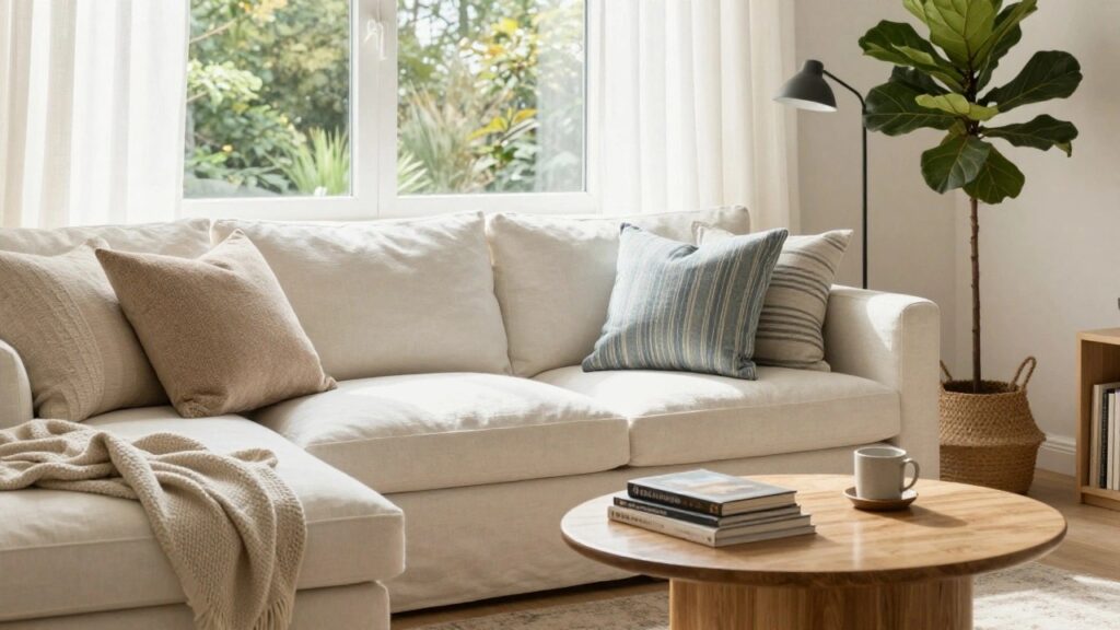 22 L-Shape Sofa Pillow Styling Ideas for Comfortable Seating Cream L-shaped fabric sofa with two beige pillows and one blue striped pillow on the corner section, wooden coffee table holding stacked books and a mug, fiddle leaf fig plant, black arc lamp, and framed art on white wall in sunlit living room.