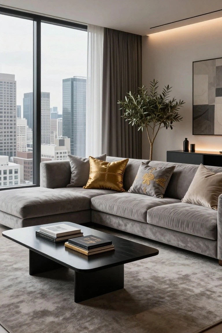 Modern living room featuring a gray velvet L-shaped sofa with gold satin pillows, embroidered gray cushions, black coffee table with books, olive tree, and floor-to-ceiling windows showing a city skyline.