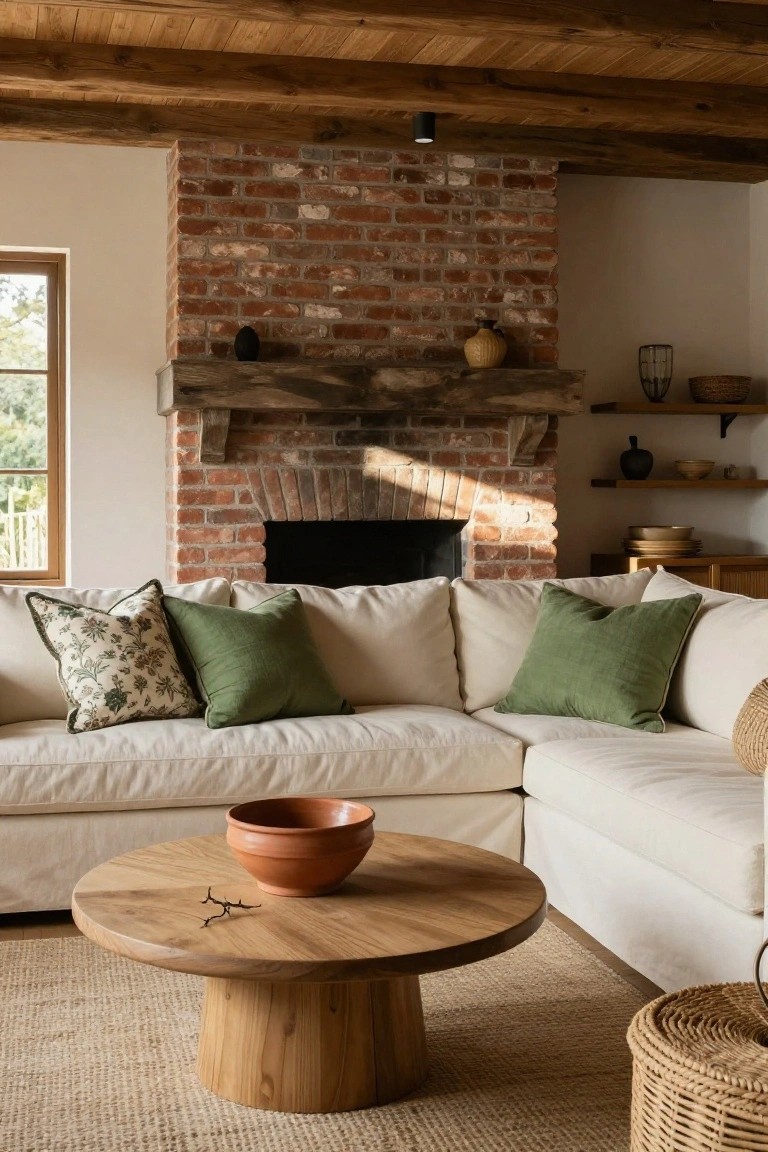 L-shaped cream sofa with green solid pillows and one floral-patterned pillow in a living room with brick fireplace, wooden coffee table, beamed ceiling, and shelves.
