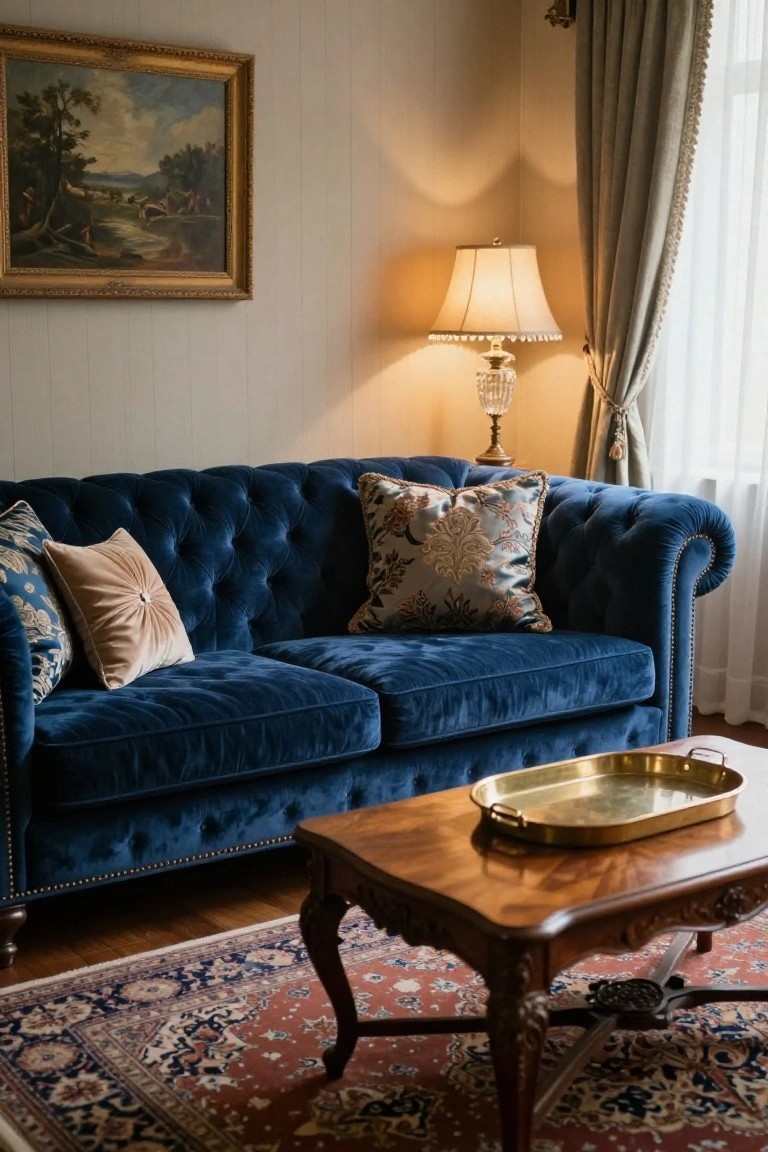 Navy blue tufted velvet L-shaped sofa with pink textured pillows, blue patterned pillows, wooden coffee table holding brass tray, crystal lamp, landscape painting, and Persian rug in paneled room with curtains.