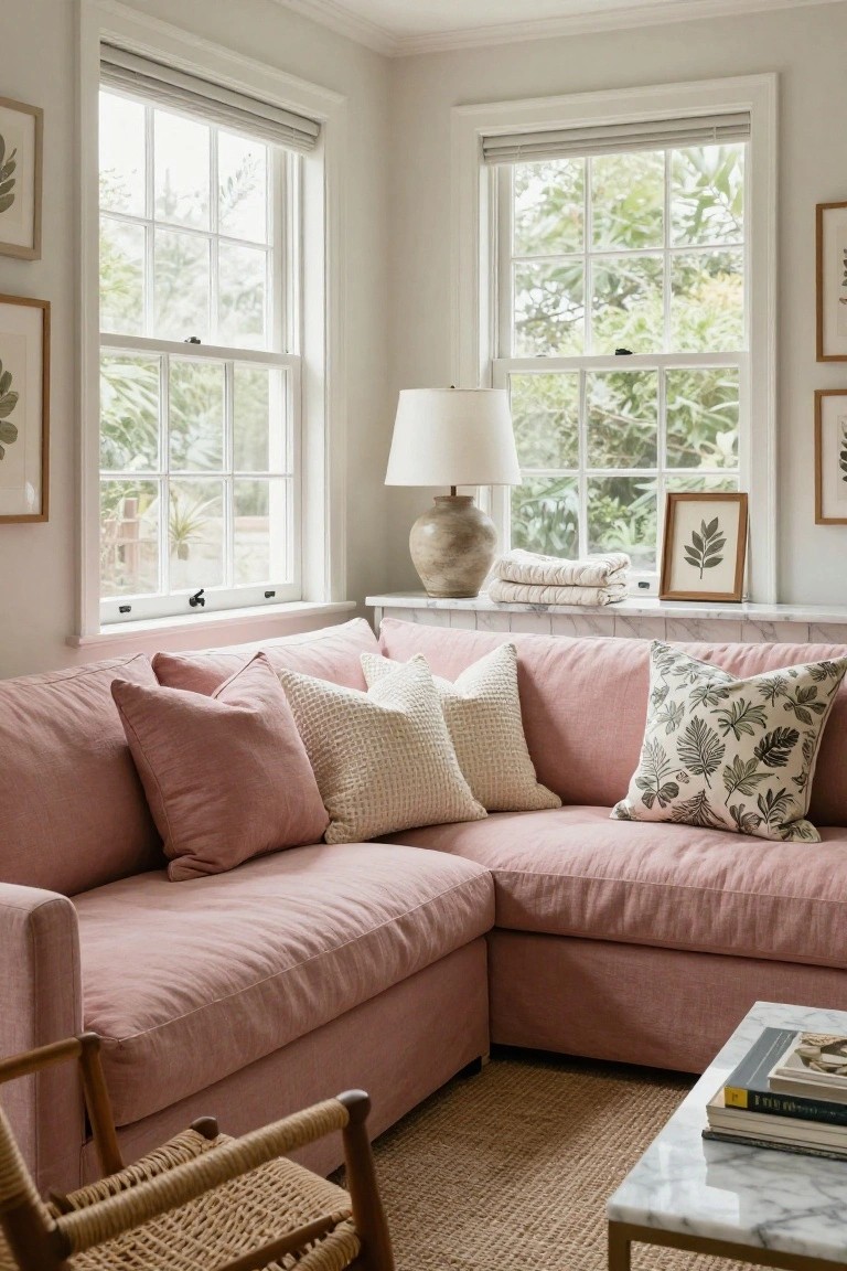 Blush pink L-shaped linen sofa in a light-filled room corner with layered pillows in pink, white knit, and green leaf patterns, beside windows with plants and a marble windowsill holding a lamp and towels, rattan chair nearby.