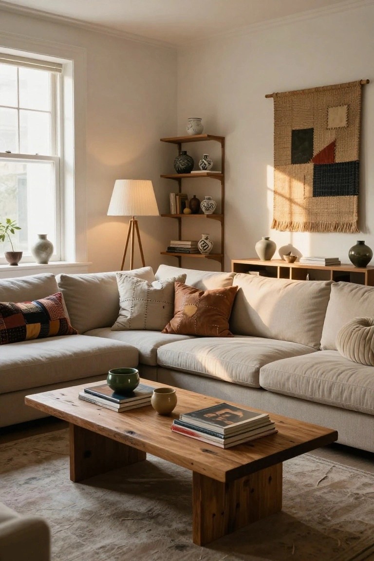 Beige L-shaped sofa in a light-filled living room corner with wooden shelves, potted plants, a tripod lamp, woven wall hanging, and wooden coffee table holding books and pottery.