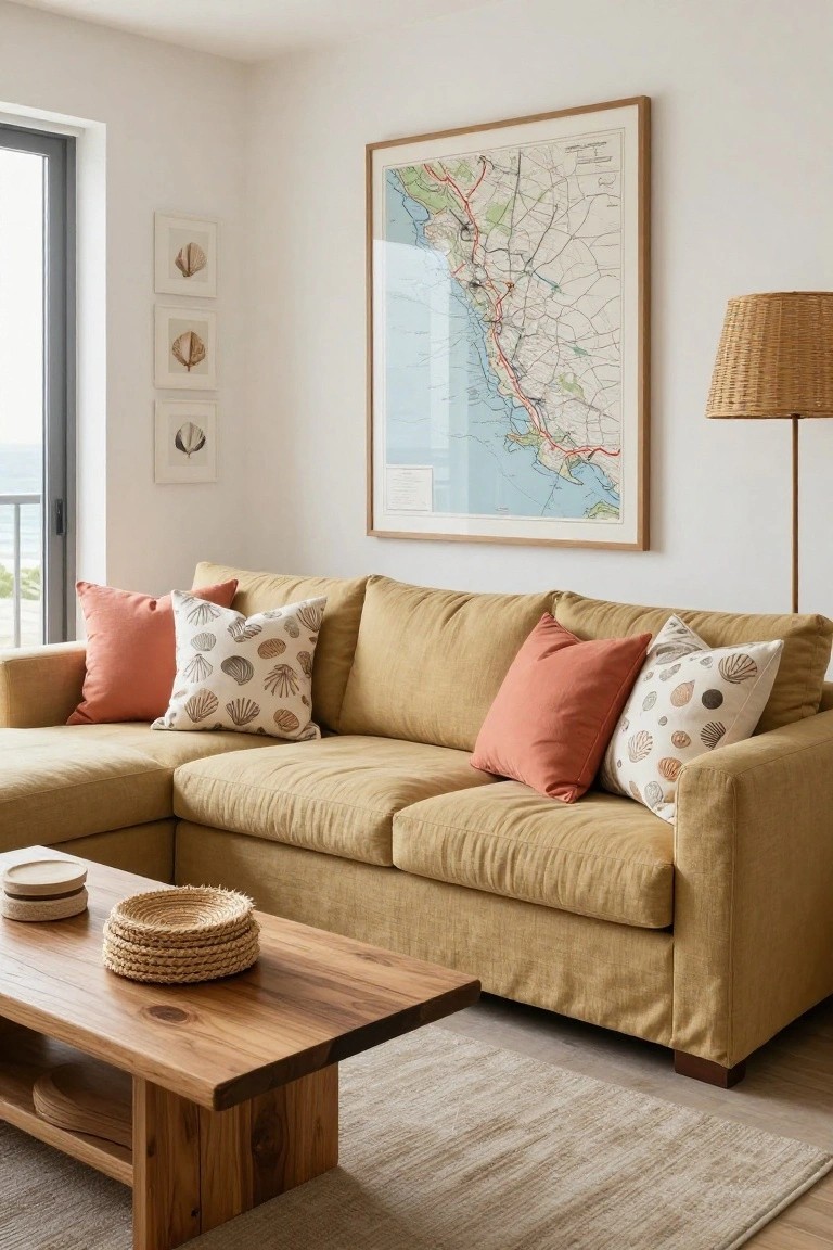 L-shaped mustard yellow linen sofa with scattered coral solid pillows and white shell-patterned pillows, wooden coffee table with woven baskets, coastal map artwork on wall, and sea view through glass door in bright living room.
