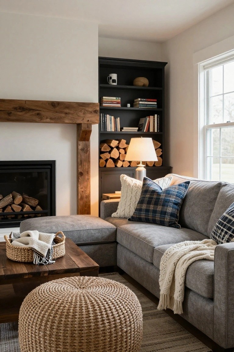Cozy living room with gray sectional, fireplace, wooden coffee table, and woven ottoman.