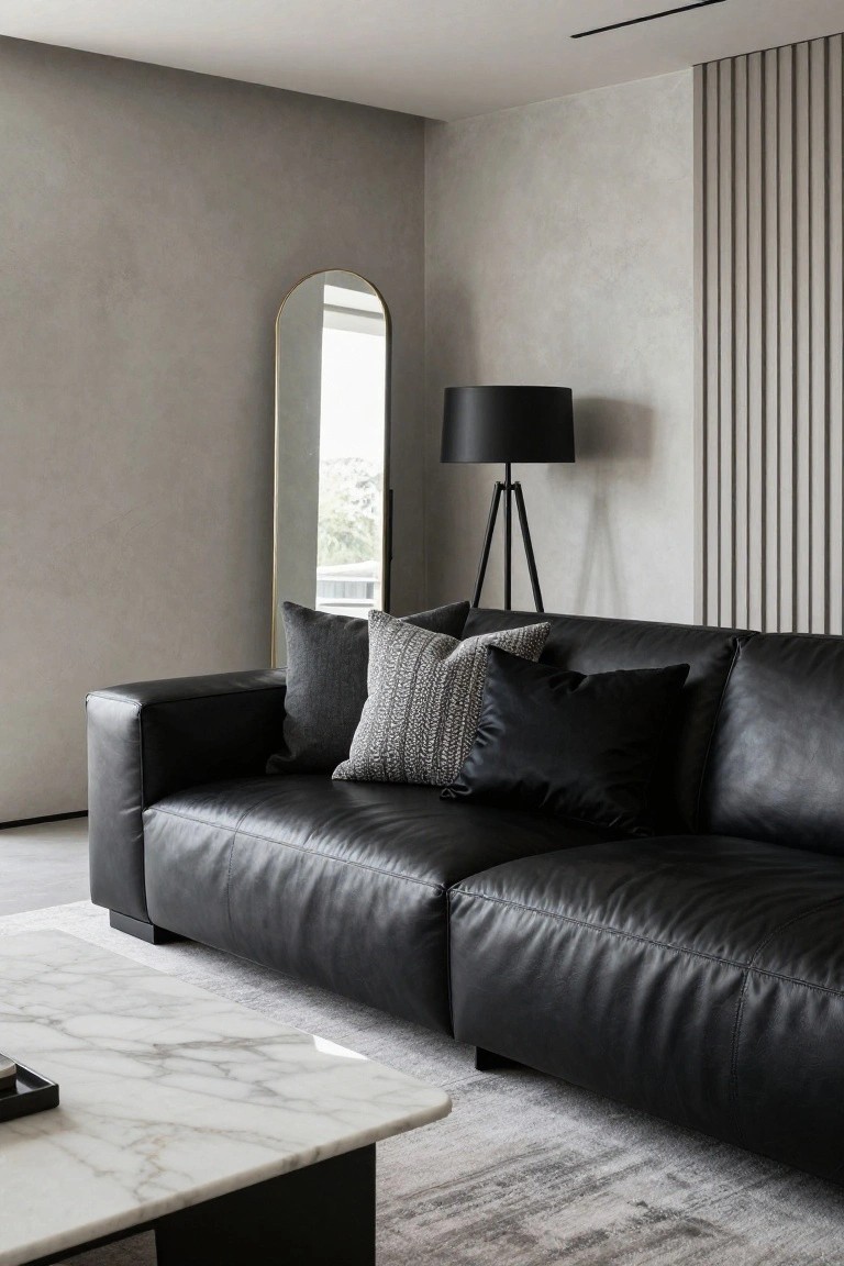 Black L-shaped leather sofa with gray knit pillow, patterned pillows, and black pillows arranged asymmetrically in a modern living room with marble coffee table, tripod floor lamp, arched mirror, and slatted wood wall.