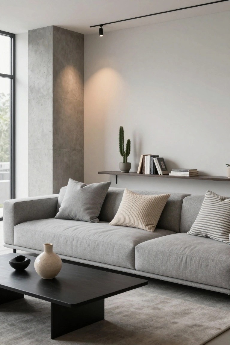 Light gray L-shaped sofa with gray, cream textured, and striped pillows in a modern living room with black coffee table, floating wood shelf with books and cactus, concrete pillar, large window, and track lighting.