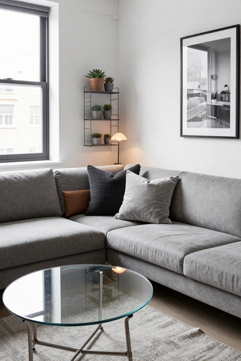 Gray L-shaped sofa in a bright living room corner with pillows in velvet, knit, and leather textures, glass coffee table, shelf of potted plants, and a lamp.