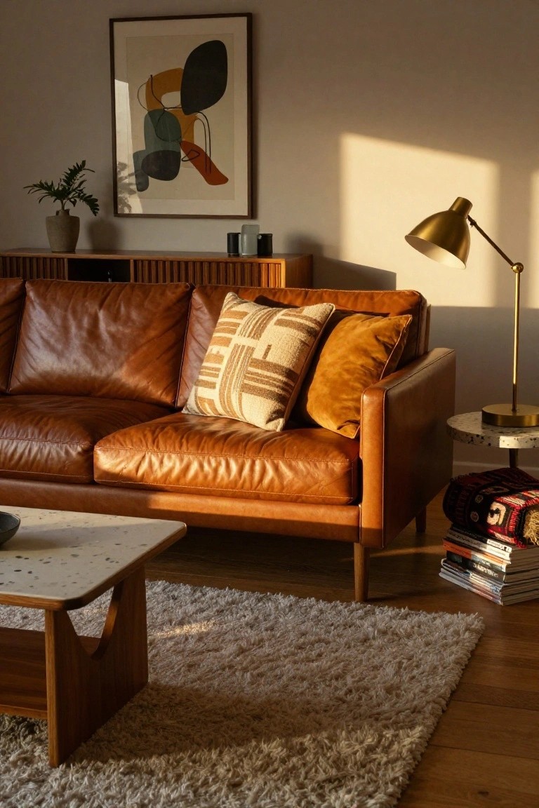 Tan leather L-shaped sofa with a large woven geometric pillow, velvet cushion, and smaller pillows in a sunlit living room featuring wooden media unit, coffee table, rug, plant, and abstract wall art.