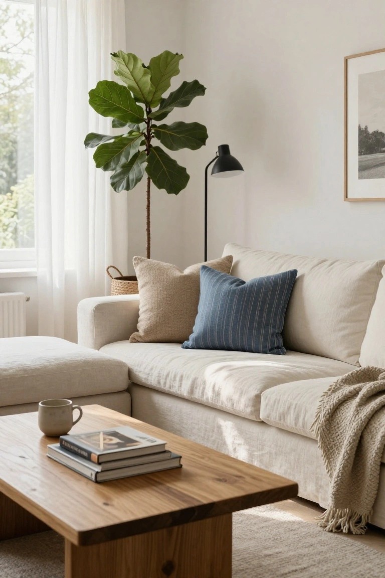 Cream L-shaped fabric sofa with two beige pillows and one blue striped pillow on the corner section, wooden coffee table holding stacked books and a mug, fiddle leaf fig plant, black arc lamp, and framed art on white wall in sunlit living room.