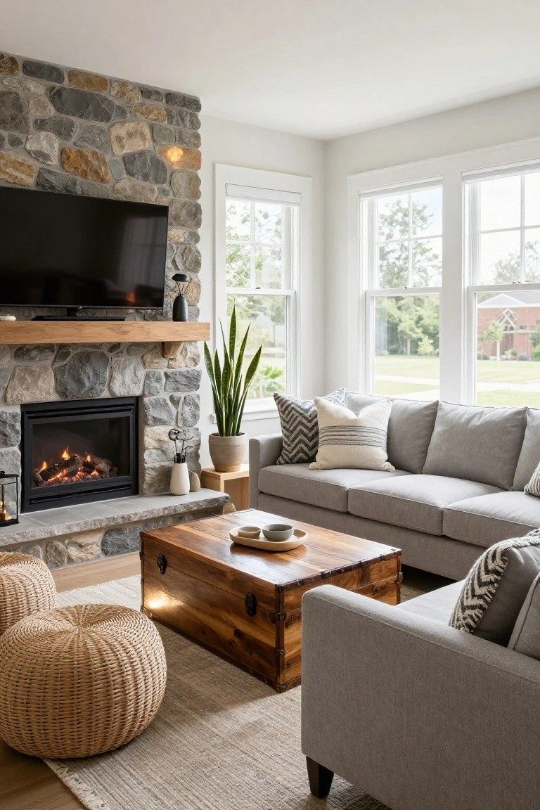 Light gray L-shaped sofa with patterned pillows including chevron and striped designs, facing a stone fireplace with gas fire, wooden trunk coffee table, potted plants, and large windows in a bright living room.