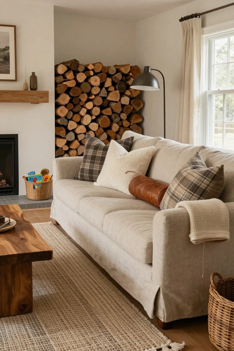 Beige L-shaped sofa in a living room corner with plaid, white fluffy, and brown leather bolster pillows, beside a fireplace with stacked firewood, wood baskets, and a wooden coffee table on a woven rug.