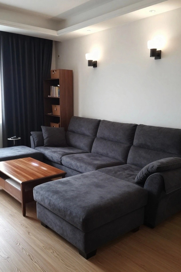 Gray L-shaped suede sofa with two throw pillows, wooden coffee table with storage, small side table, bookshelf, and dark curtains in a light wood-floor living room.