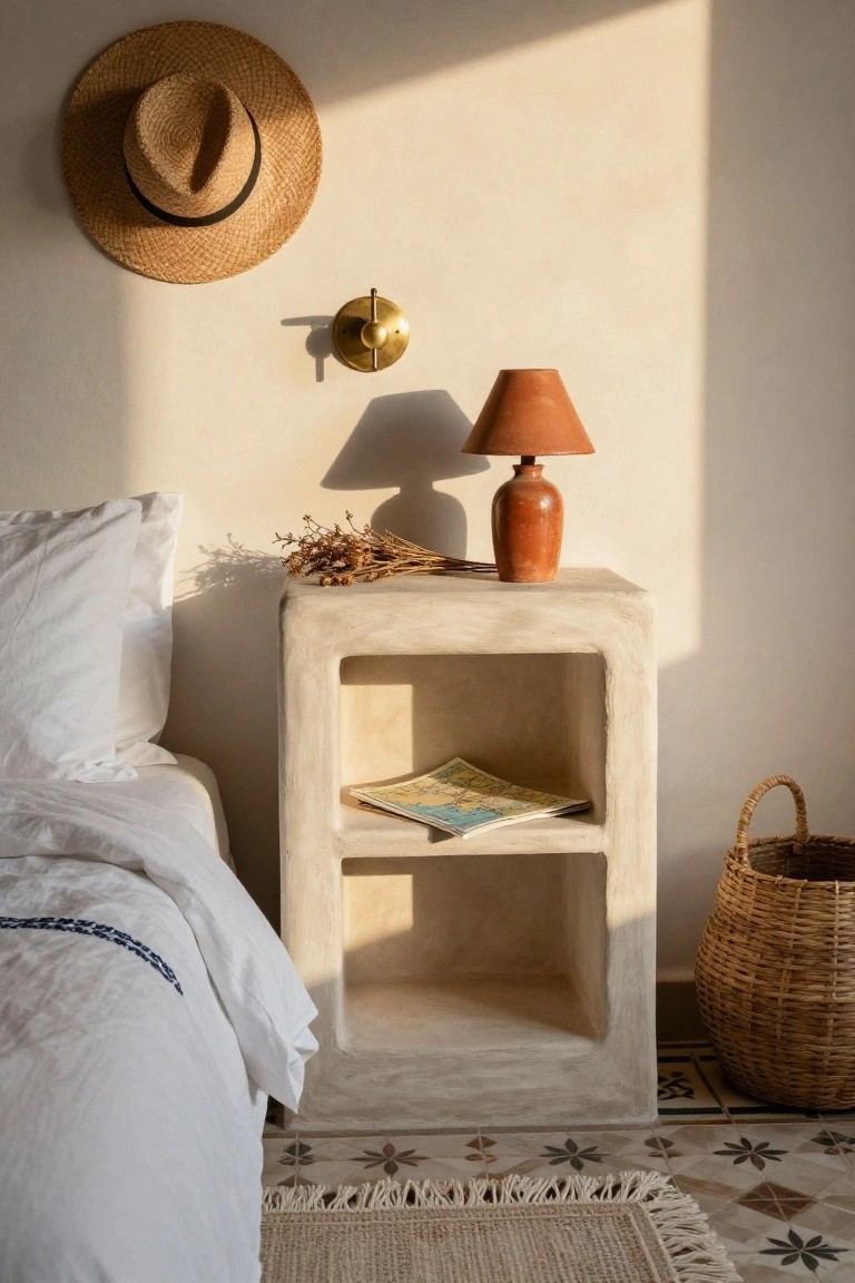 Sunlit bedroom with plaster nightstand, terracotta lamp, straw hat, and woven basket.