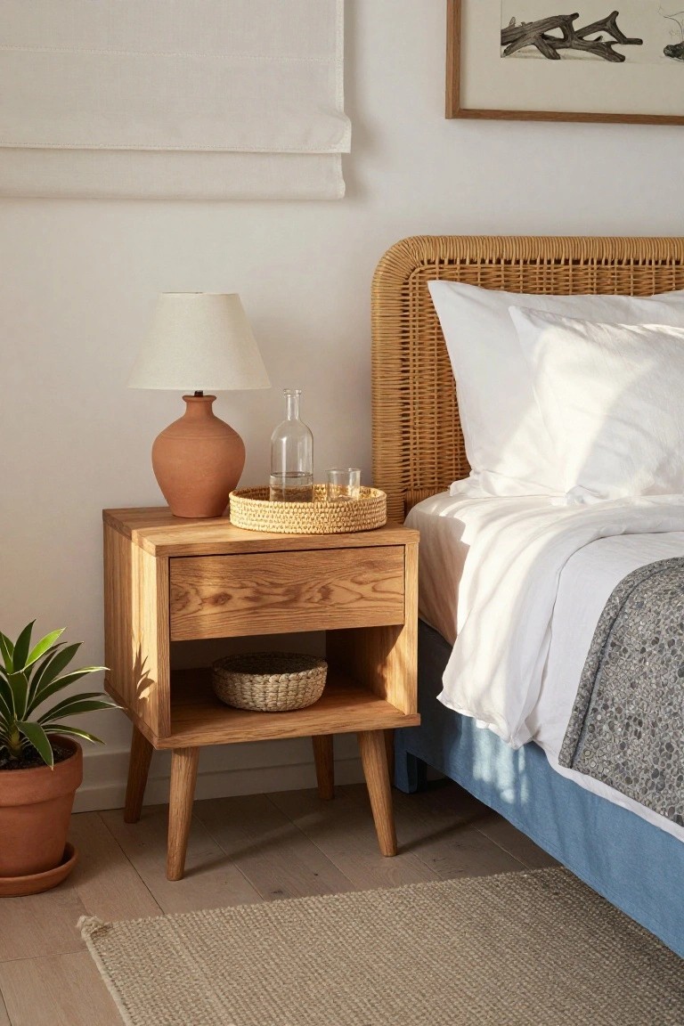 A wooden bedside table with a drawer and open lower shelf sits next to a bed with white bedding and a woven headboard.