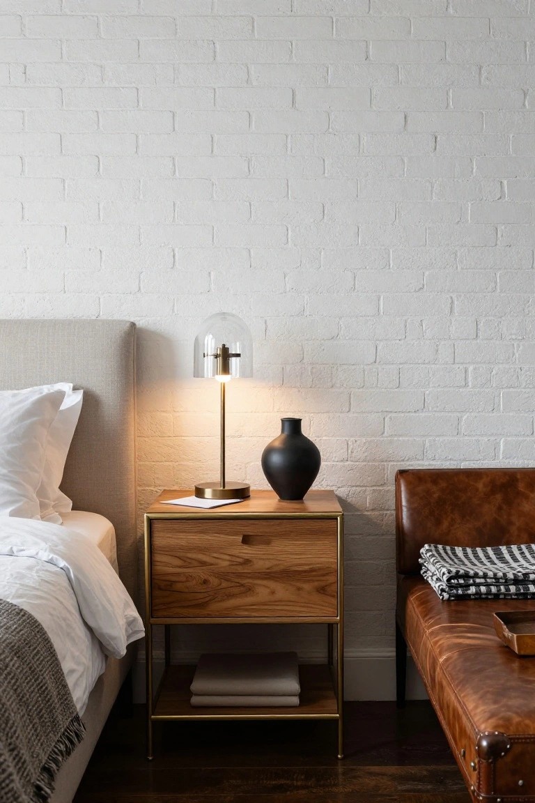 Bedside wooden nightstand with lit lamp, vase, and leather bench.