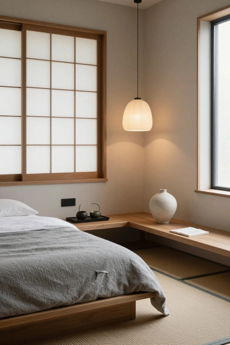 A minimalist bedroom with a low wooden bed on tatami flooring beside a long built-in wooden ledge that holds a vase and an open book.