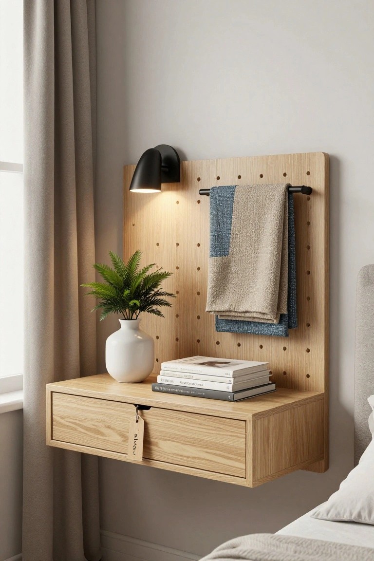 A light wood floating bedside cabinet with a drawer is mounted under a pegboard panel holding folded towels, next to a black wall sconce and a white vase with a plant.