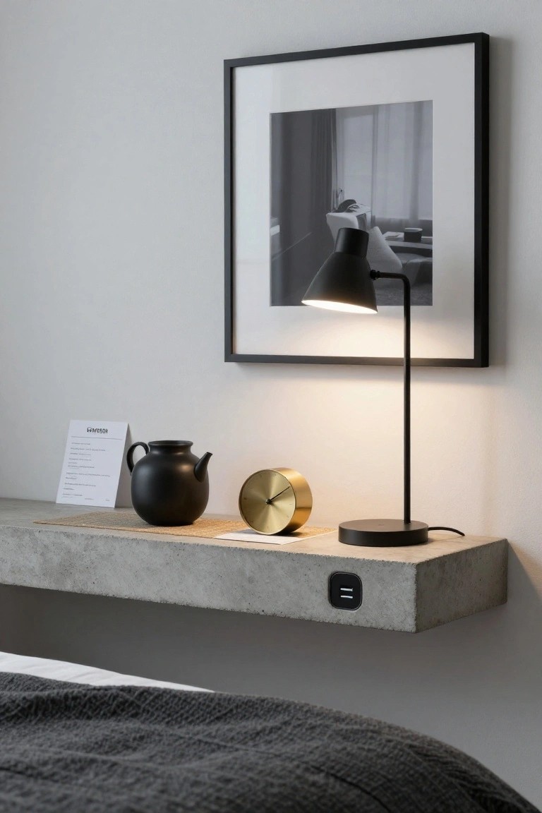 A floating concrete bedside shelf on a light gray wall holds a black lamp, black vase, and gold clock, with a framed photo above and part of a bed visible below.