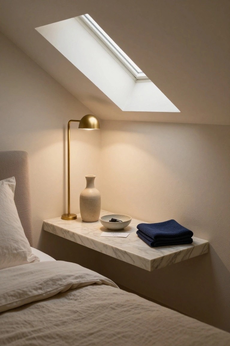 Marble floating shelf with brass lamp, vase, and folded linens beneath skylight.
