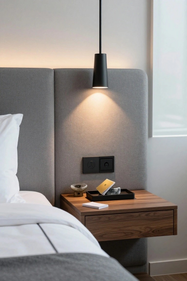 A floating wooden bedside table with a single drawer sits beside a grey upholstered bed, with a black pendant light hanging above and a few small items on the surface.