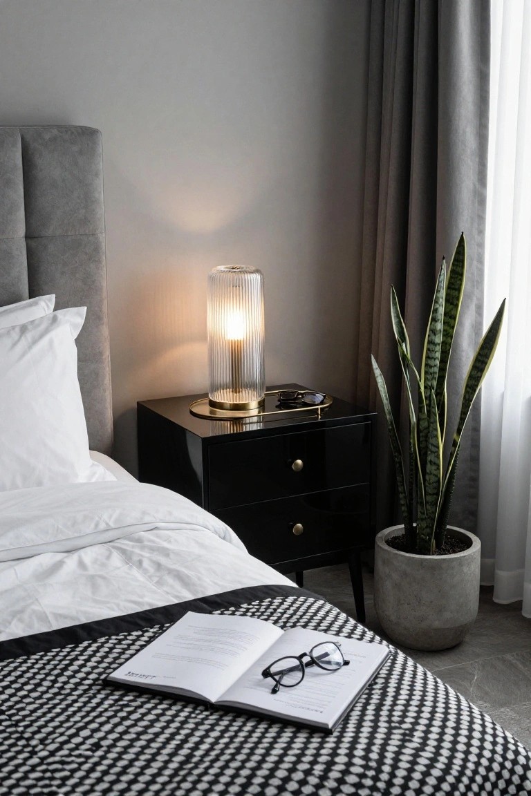 A bedroom with a glossy black two-drawer nightstand next to a bed with white linens, a ribbed glass lamp on top, and a potted plant on the floor nearby.