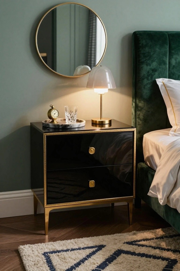 A glossy black bedside table with gold trim and legs stands beside a green velvet bed, topped with a lit lamp and a marble tray holding a small clock and glass, with a round gold mirror on the sage green wall above.