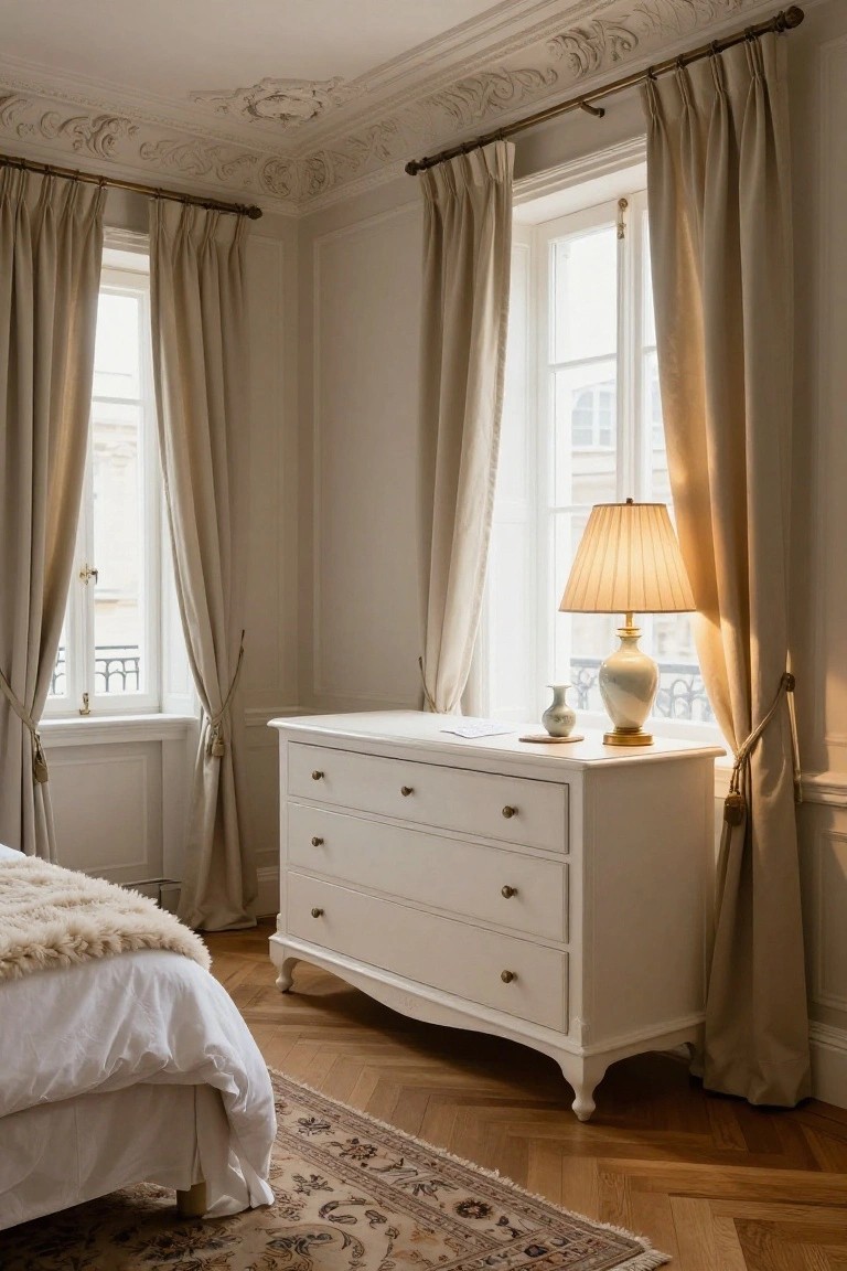 A bright bedroom corner showing a white four-drawer chest placed between two tall windows with beige curtains, a lit table lamp on top, and part of a white bed visible on the left.