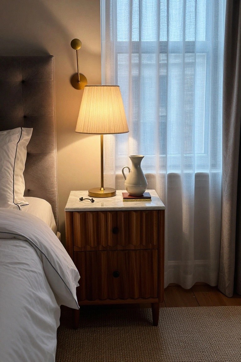 Bedside table with lamp, vase, and book beside bed and window.