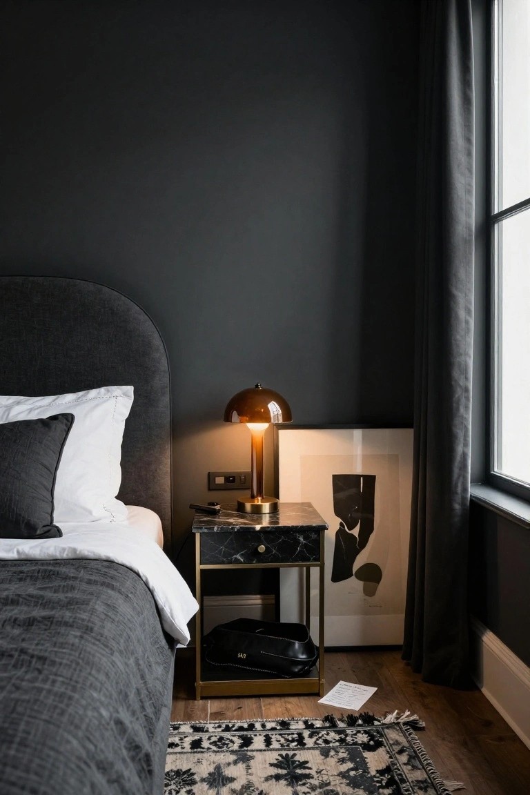 Dark bedroom with marble nightstand, glowing lamp, and abstract art.