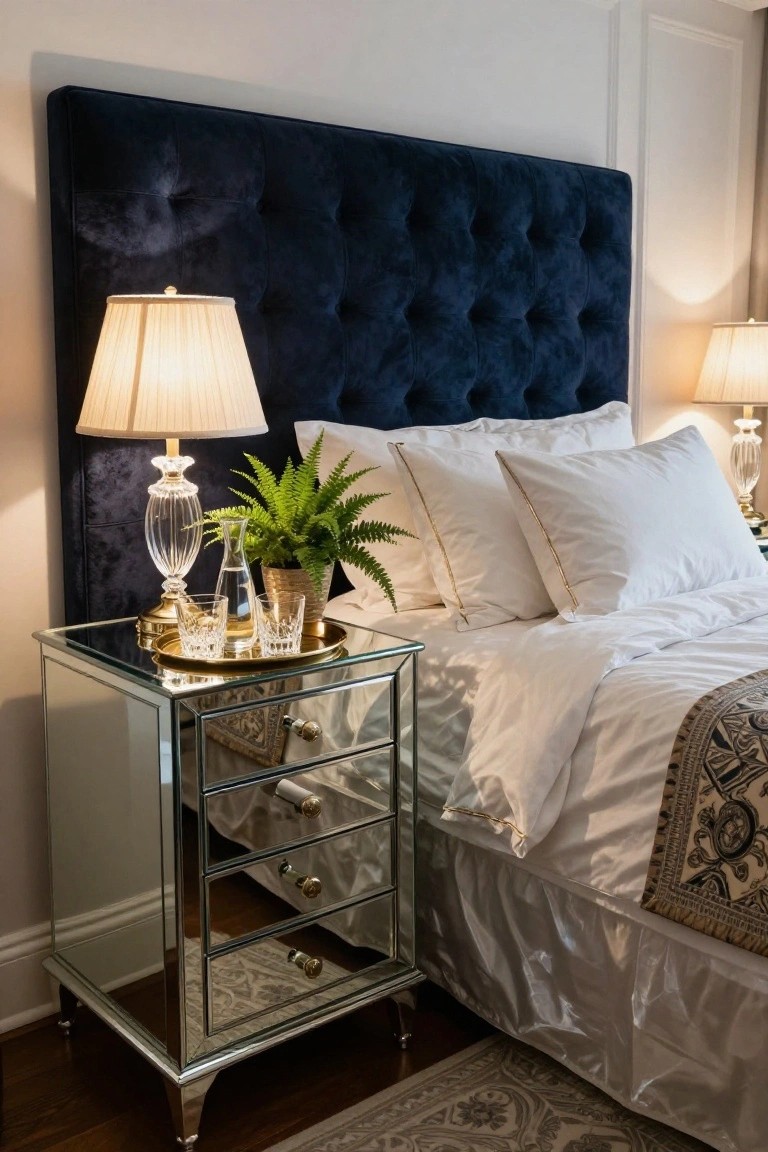 A bedroom with a mirrored nightstand beside a large blue tufted headboard and white bedding.