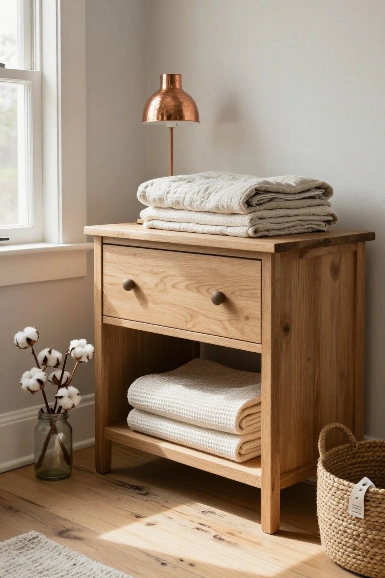 A light wood bedside table with a drawer and open lower shelf holding folded neutral linens, topped with additional folded textiles and a copper lamp, positioned near a window with a glass jar of cotton stems on the floor.