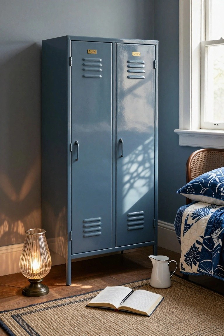Blue metal locker beside a bed with an open book and lamp.
