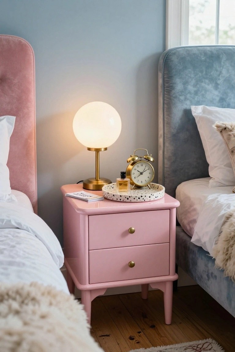 A pink painted bedside table with a round lamp, gold alarm clock, and small tray sits between a pink velvet headboard on the left and a blue velvet headboard on the right.