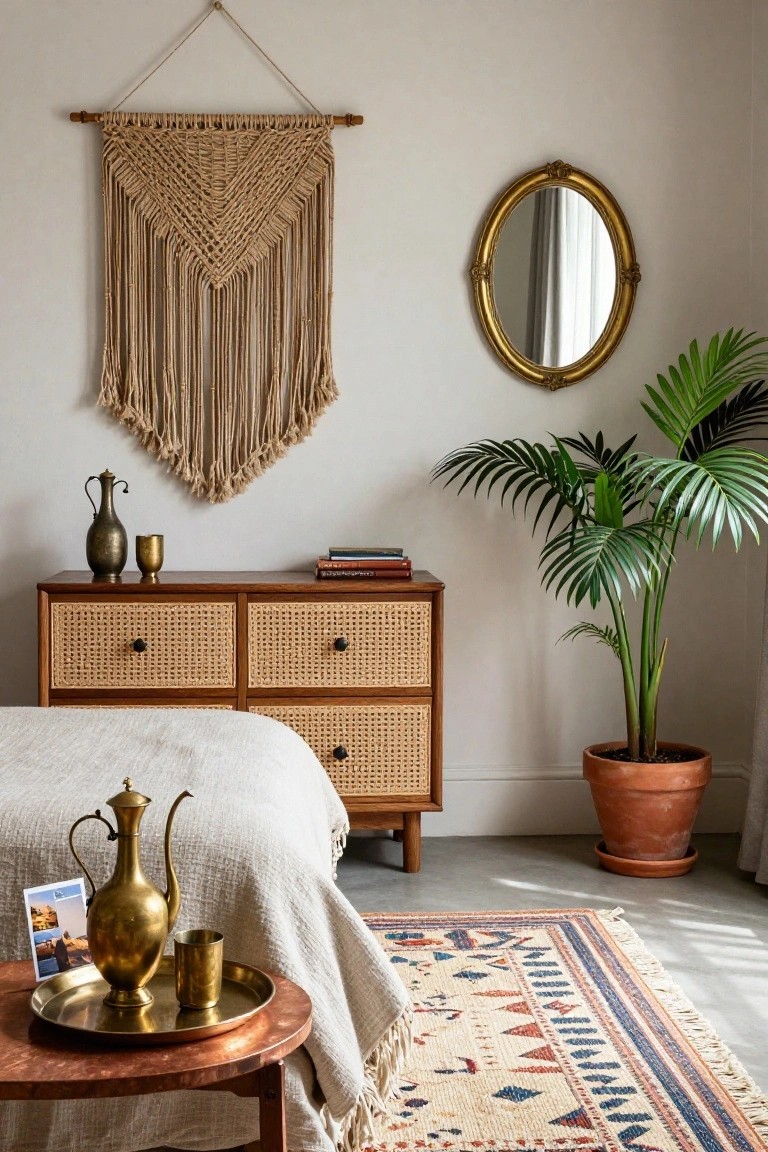 Bohemian bedroom with macrame wall hanging, cane dresser, potted palm, and brass accents.