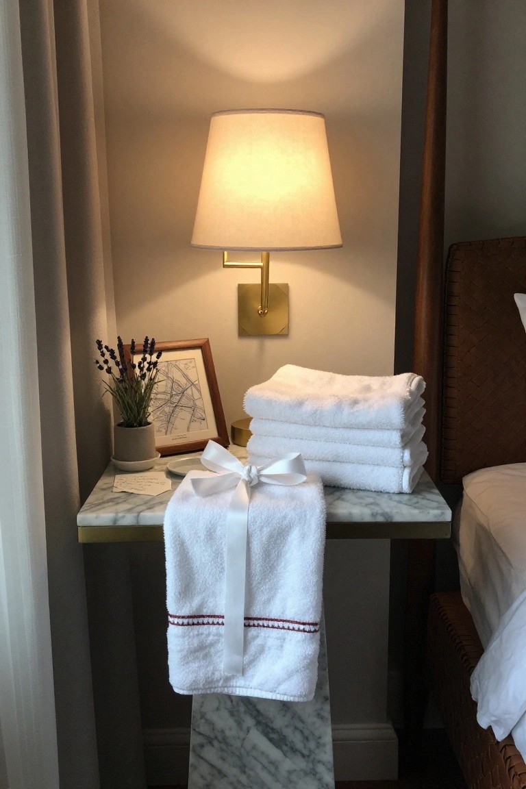 Marble nightstand with folded white towels, ribbon, lamp, and lavender plant.