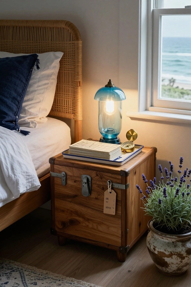 A wooden trunk with metal hardware serves as a bedside table next to a bed with a rattan headboard, holding a blue glass lamp, notebook, and small compass, with a potted plant on the floor beside it.