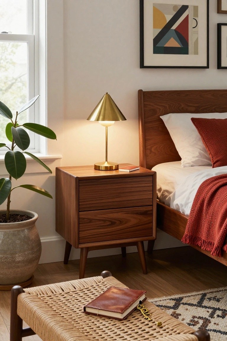 Wooden nightstand with brass lamp beside bed and potted plant.