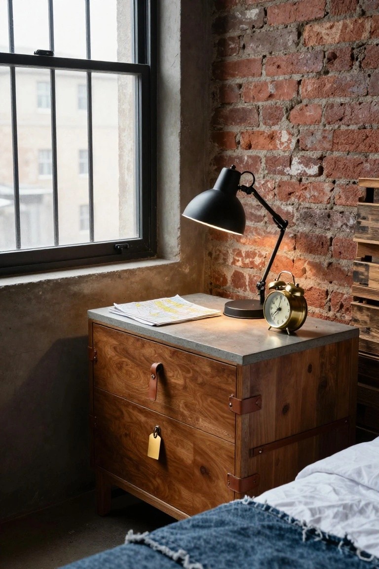 A wooden two-drawer bedside cabinet with metal straps, leather handles, and a gray concrete top sits beside a bed, holding a black adjustable lamp, a brass alarm clock, and a few papers, with a brick wall and window in the background.
