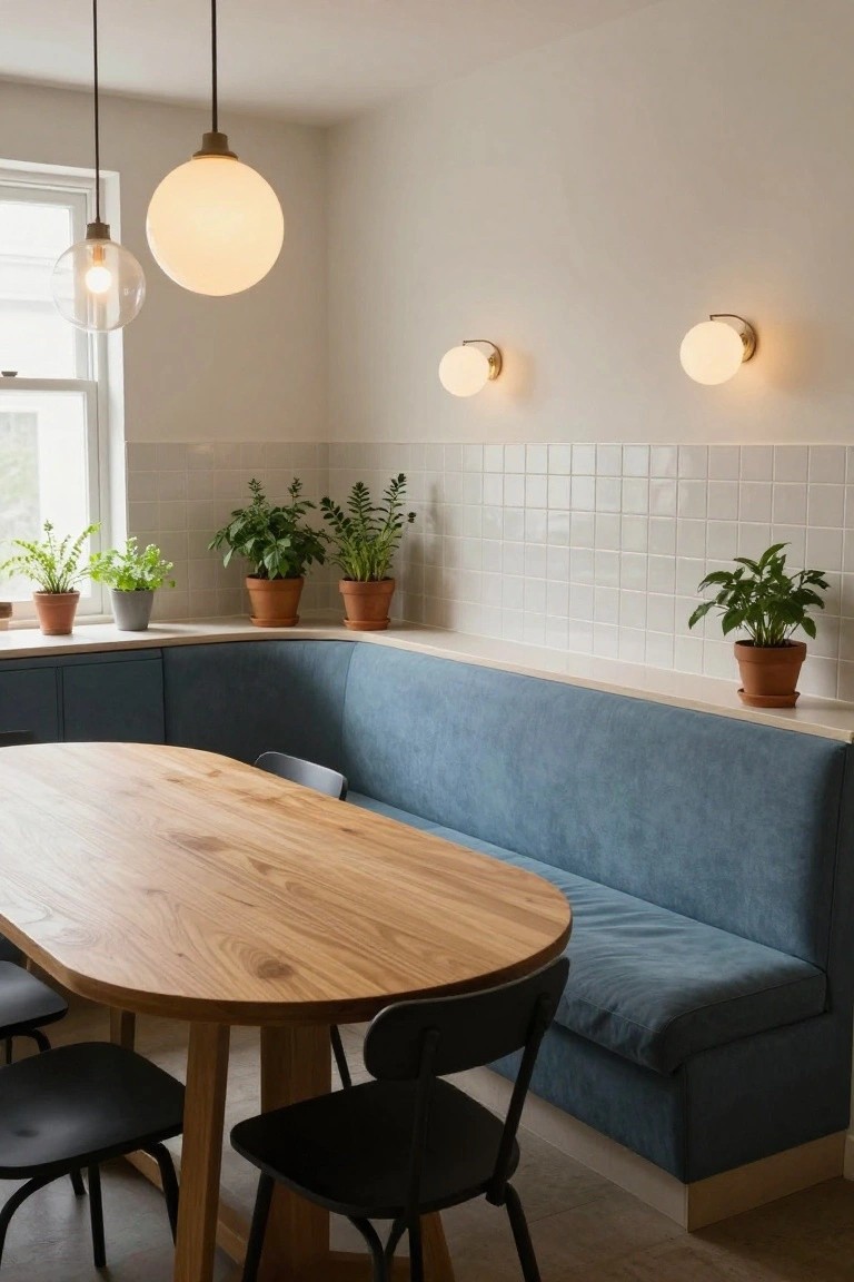 Kitchen nook with blue upholstered corner banquette, oval wooden dining table, black chairs, pendant globe lights, potted plants on white tiled walls and counters.