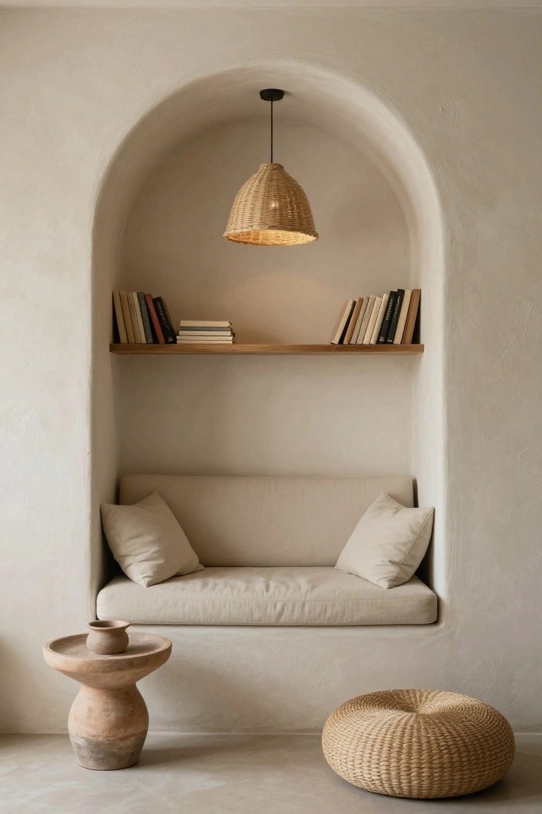 Minimalist arched alcove with beige sofa, woven pendant, books, and clay accents.