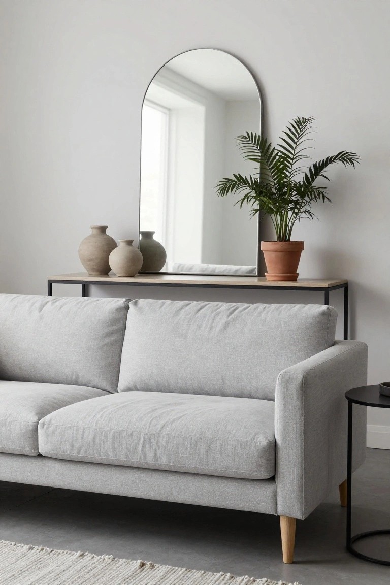 Light gray fabric sofa in a minimalist living room with black metal console table behind it topped by two terracotta vases and potted palm plant, arched mirror above table, black side table nearby, light walls, window, and woven rug on floor.