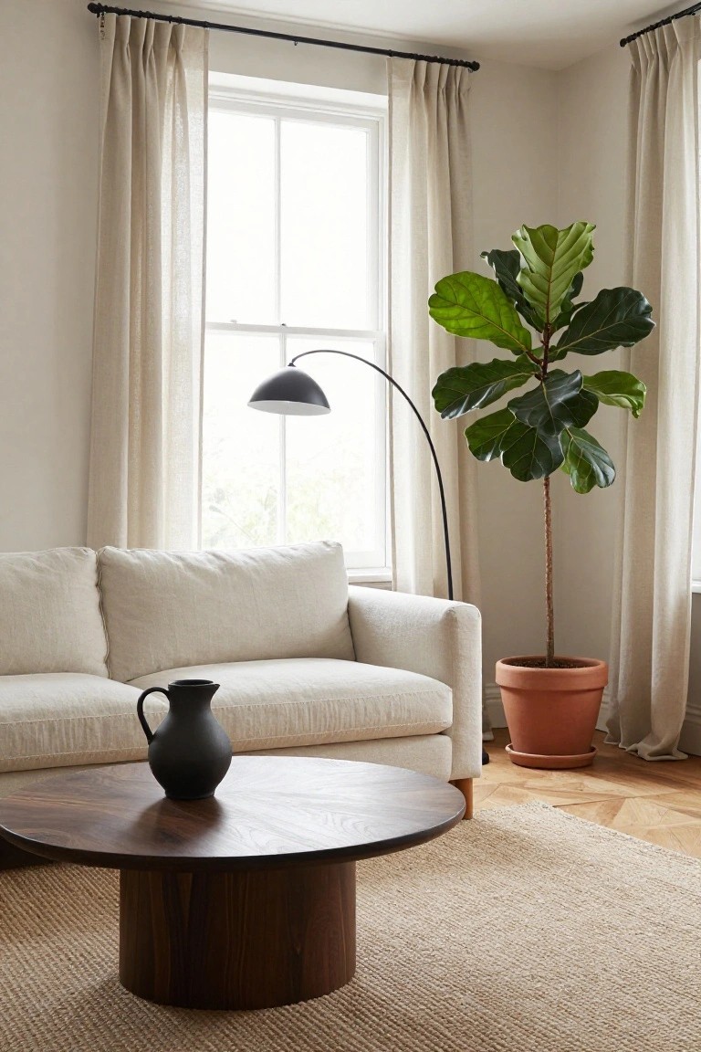 Cream linen three-seater sofa in a minimalist living room beside a round dark walnut pedestal coffee table with black jug vase, tall fiddle leaf fig plant in terracotta pot, black arc floor lamp, and beige linen curtains on large windows over light wood floors.