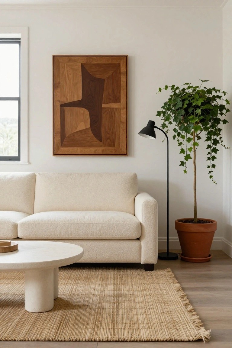 A minimalist living room with a light cream fabric sofa, round white coffee table, seagrass rug, tall wooden geometric wall art, black arc floor lamp next to a potted ivy plant, and a large window.