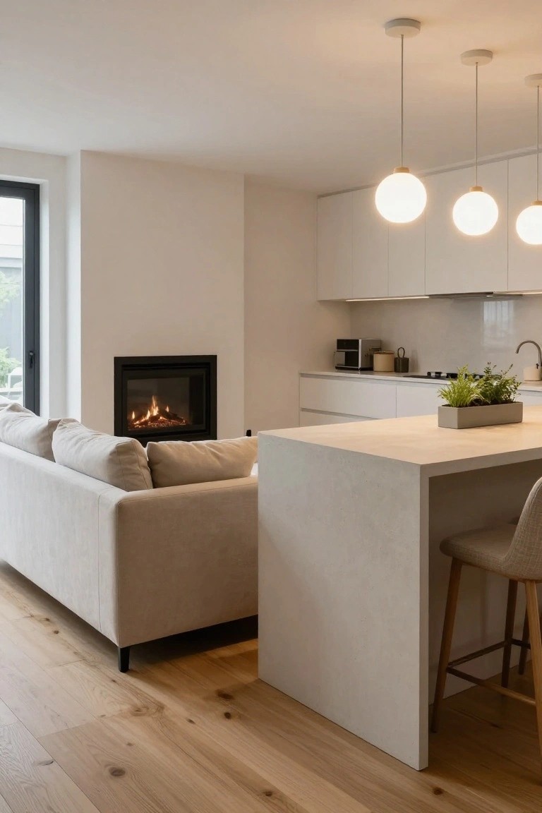 Open-plan interior with white kitchen cabinets, light stone island, cream fabric sofa, black-framed gas fireplace, oak flooring, and three white pendant lights.
