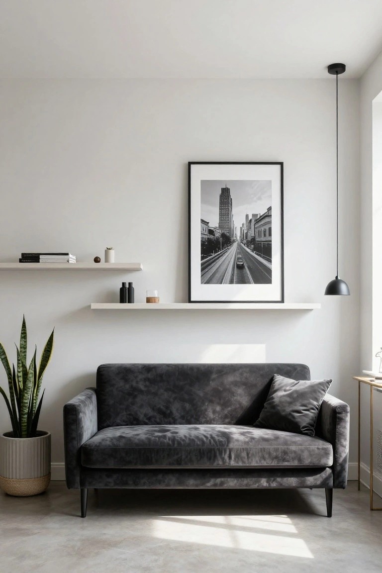 Minimalist living room with gray velvet sofa, cityscape art, and floating shelves.