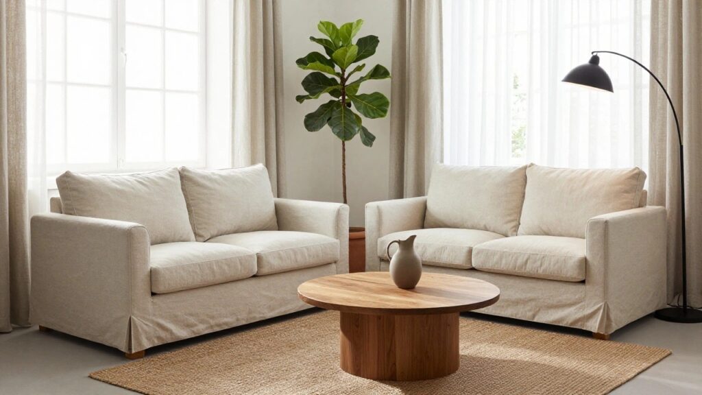 22 Minimalist Sofa Ideas That Keep Your Space Calm and Balanced Cream linen three-seater sofa in a minimalist living room beside a round dark walnut pedestal coffee table with black jug vase, tall fiddle leaf fig plant in terracotta pot, black arc floor lamp, and beige linen curtains on large windows over light wood floors.