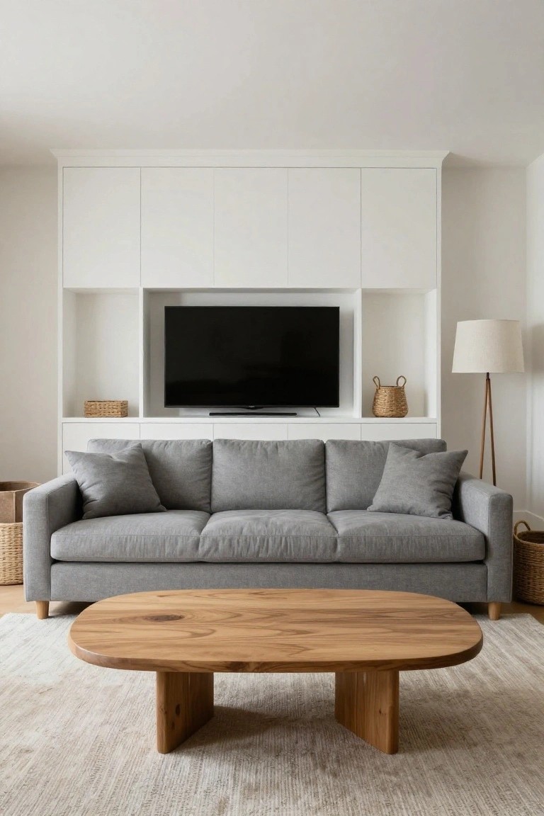 A minimalist living room with a light gray three-seat sofa, oval light wood coffee table on a beige rug, white floor-to-ceiling built-in cabinets with TV niche and seagrass baskets, and a floor lamp.