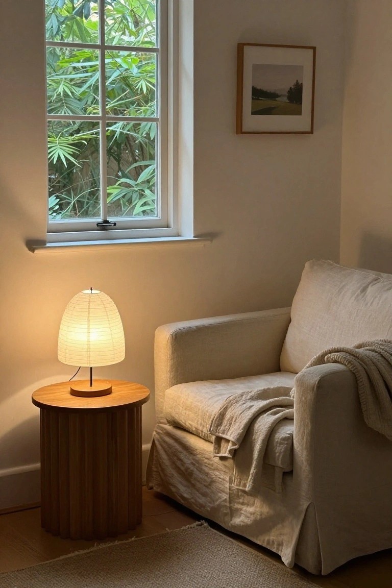 Cream linen armchair with beige throw blanket next to round fluted wooden side table topped with white rice paper lamp on metal base, beside window with green plants outside in light room.